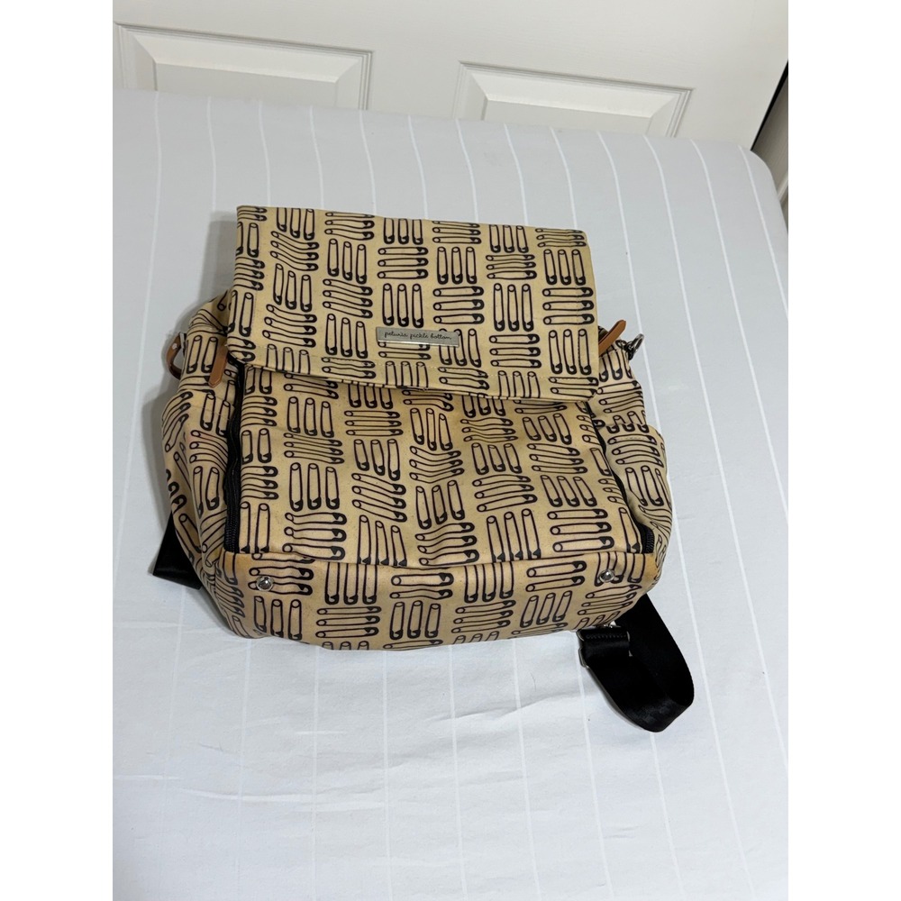 Petunia Pickle Bottom Diaper Bag Backpack Safety Pin Print Glazed Canvas Tan